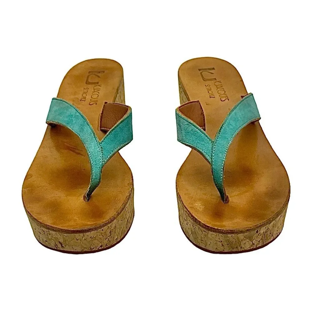 KJacques St Tropez Green Leather Cork Wedge Mule Sandals EU 38 US 7.5